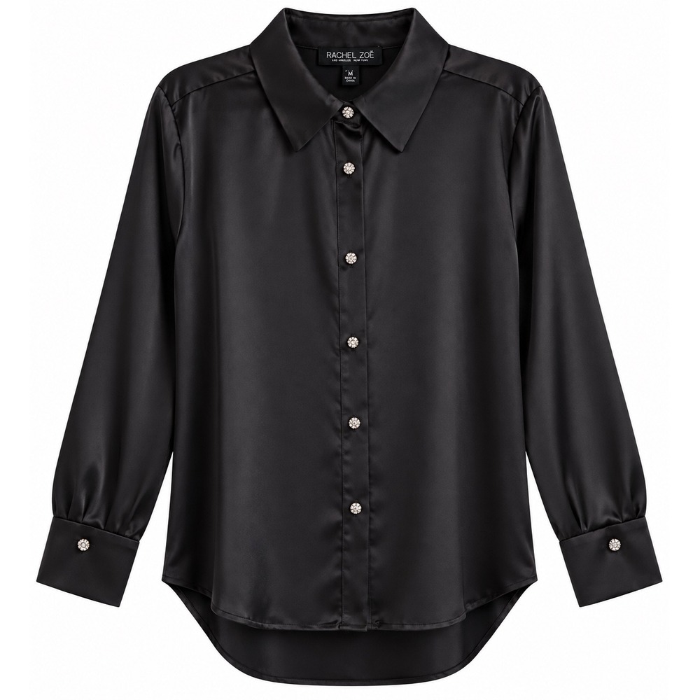 NWT Rachel Zoe Brown Satin Blouse Large Gold Buttons Quiet Luxury Old Money